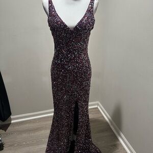 Mac Duggal Plum Sequin V-Neck Evening Gown